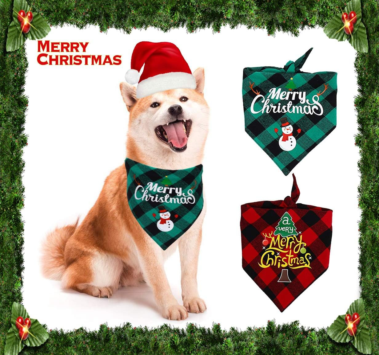 Christmas Dog Bandana - Reversible Plaid Dog Bandanas Pet Scarf Triangle Kerchief Bids for Small Medium Large Dogs & Cats, Pet Accessories Decoration for Christmas Holiday, Green/Red