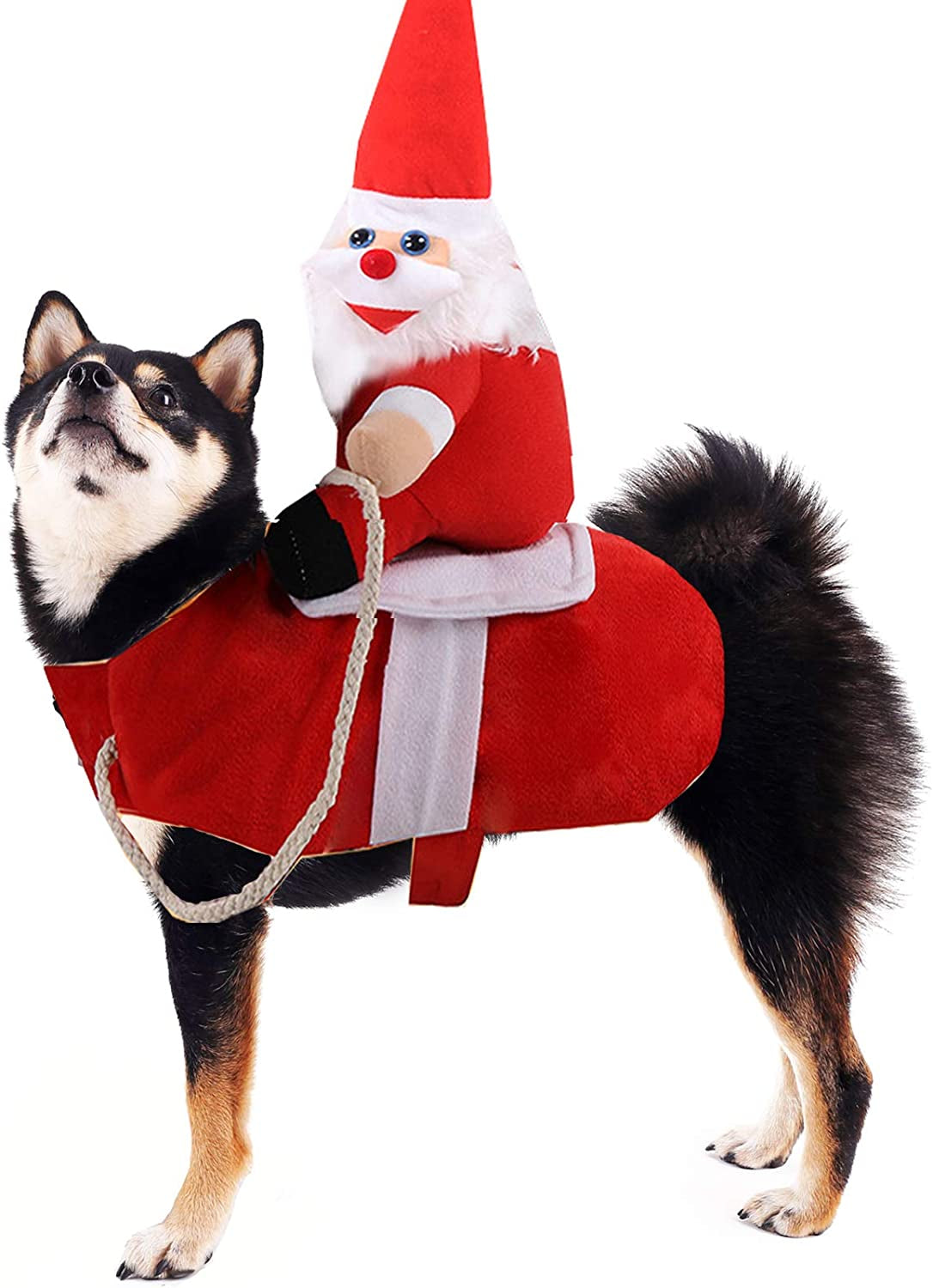 Christmas Dog Santa Claus Costume, Funny Pet Cat Halloween Cosplay, Riding, Red, Large, Polyester Cotton, Easy to Clean, Adjustable, Comfortable, Water Resistant, All Breeds, All Life Stages