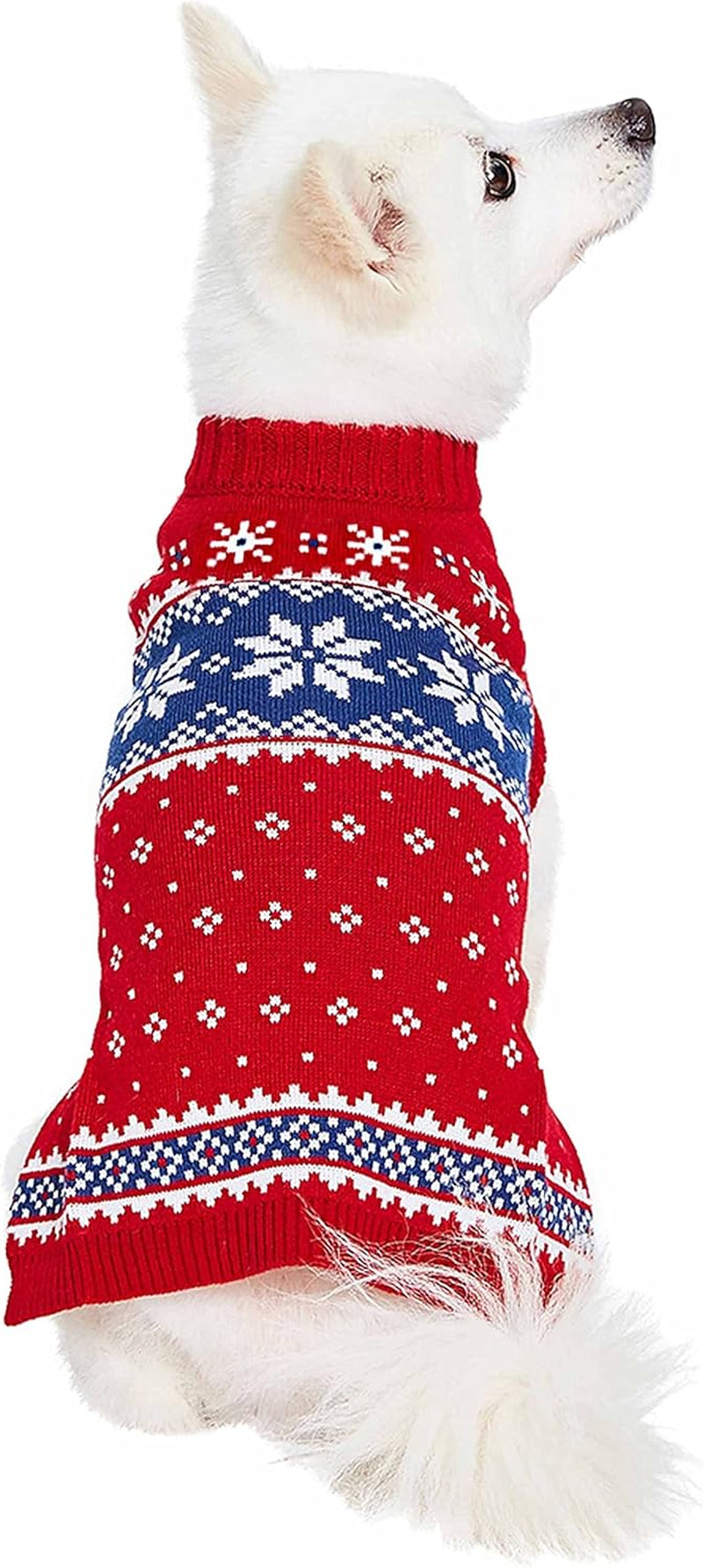 Christmas Snowflake Dog Sweater in Festive Red, Back Length 14", Pack of 1 Clothes for Dogs