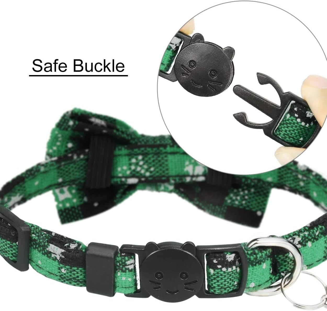 Christmas Plaid Pattern Cat Collars Breakaway with Removable Bell & Bowtie, Christmas Green