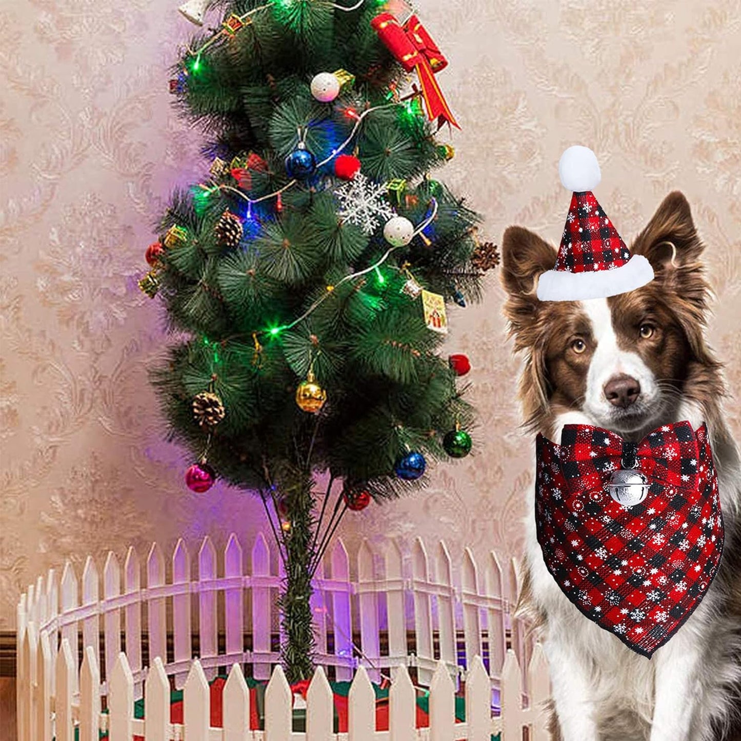 Christmas Snowflake Dog Bandana Costume, Christmas Classic Plaid Snowflake Dog Bandana Scarf Hat Bow Tie with Bell Costume Decoration for Dogs Pets