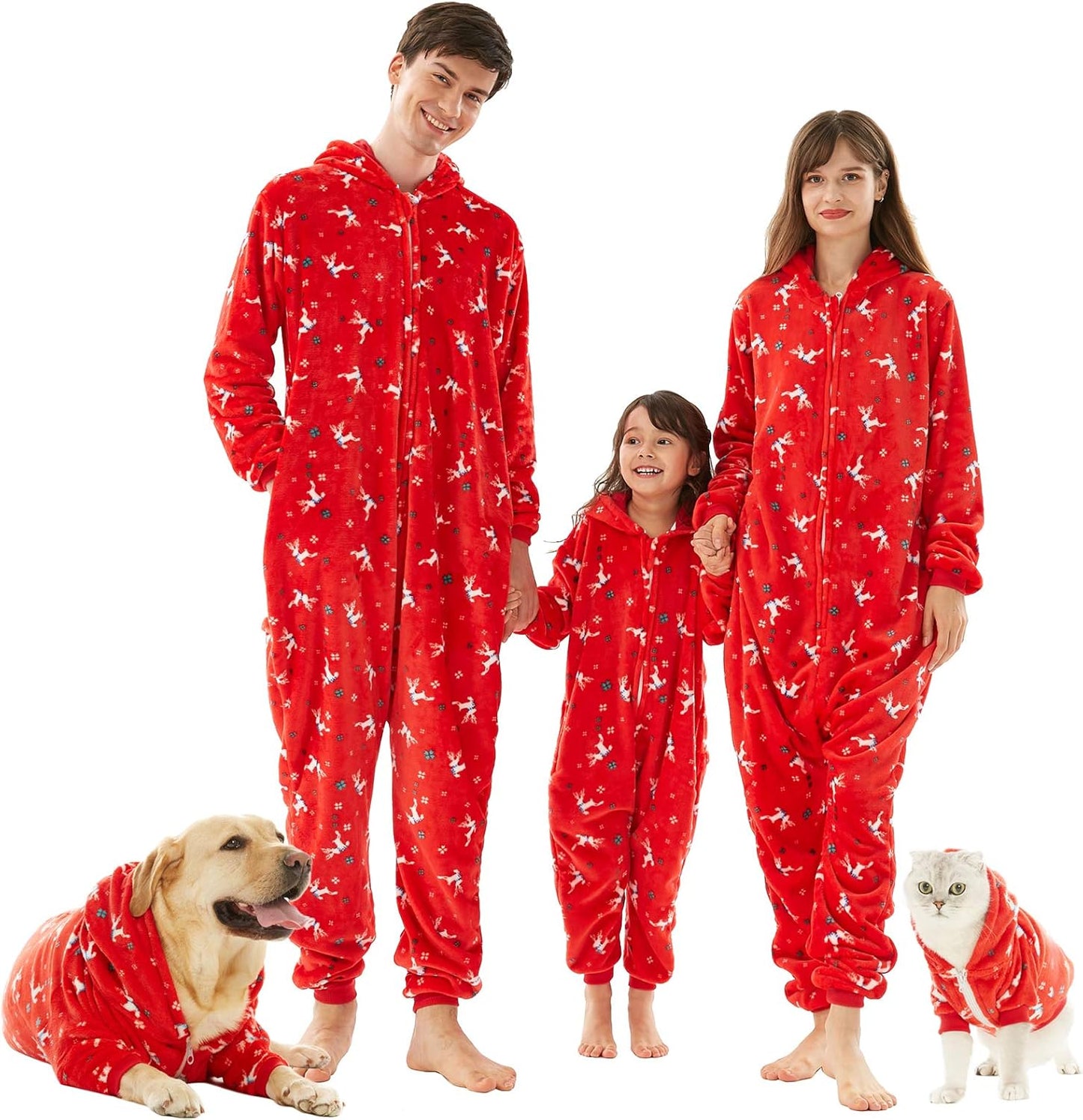 Family Christmas Pajamas Set for Women, Drop Seat Hooded Zip up Cozy Ladies Onesie Pajamas Outfit Red Elk Small