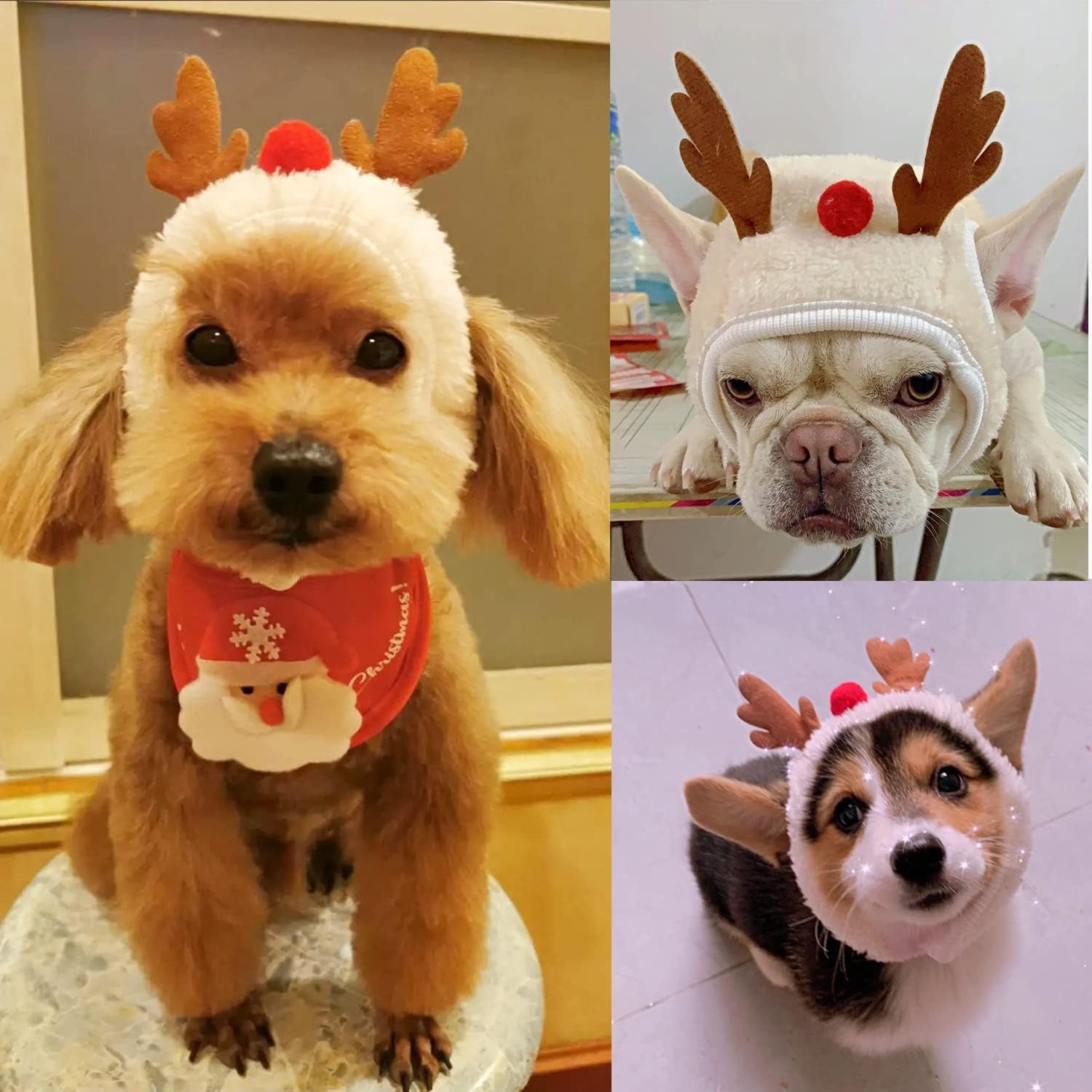 Pet Dog Cat Christmas Costume, Puppy Santa Hat and Bandana, Adjustable Christmas Party Cosplay Dress for Small Medium Dogs Cats (RED)