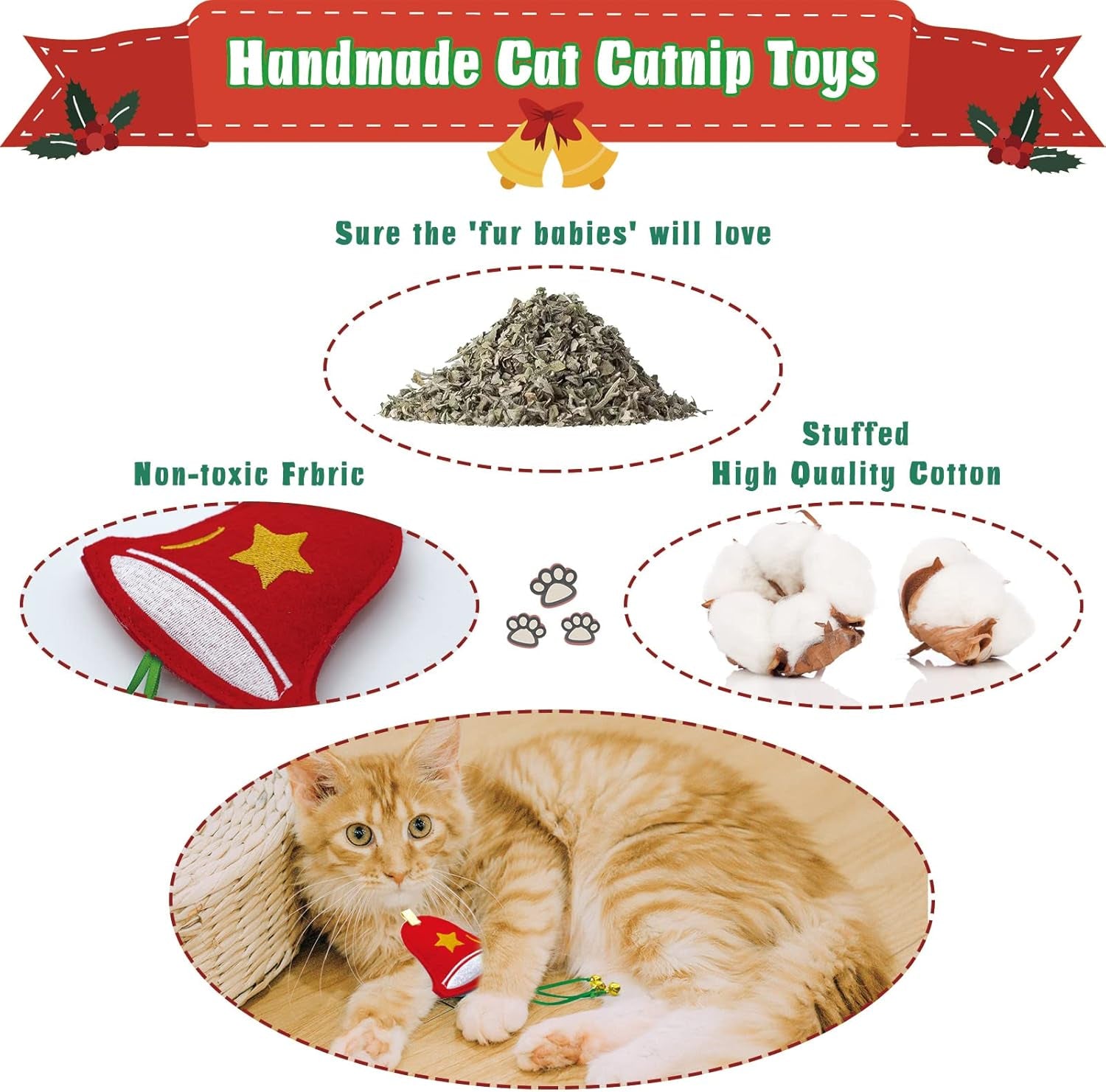 Cat Christmas Stocking, 10 Pack for Cats, Cat Christmas Toys with Cat Wand Toy, Catnip Toys, Crinkle Balls and Mice for Cat & Kitten