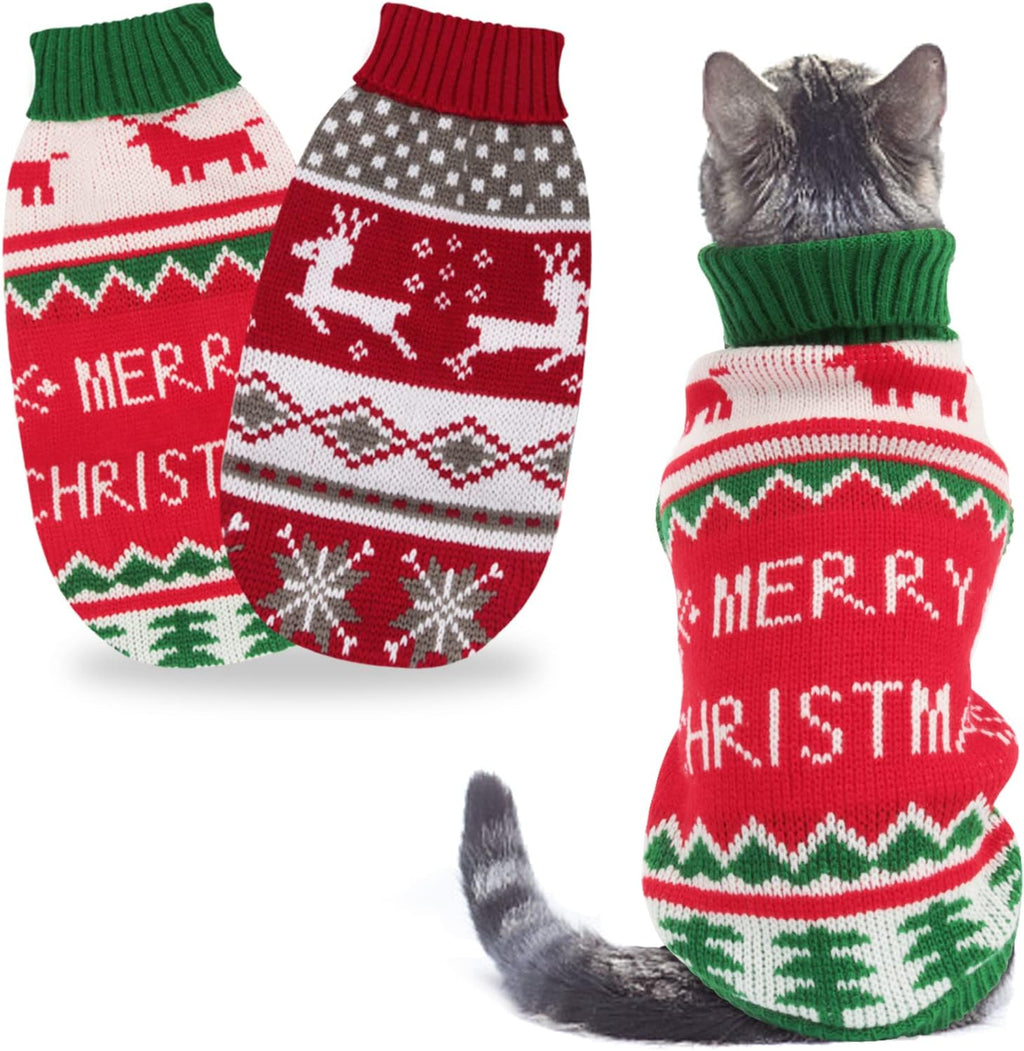 2 Packs Cat Christmas Sweater Christmas Dog Sweaters Pet Cat Winter Knitwear Warm Clothes Pet Reindeer Snowflake Pet Sweaters for Kittys and Small Dogs