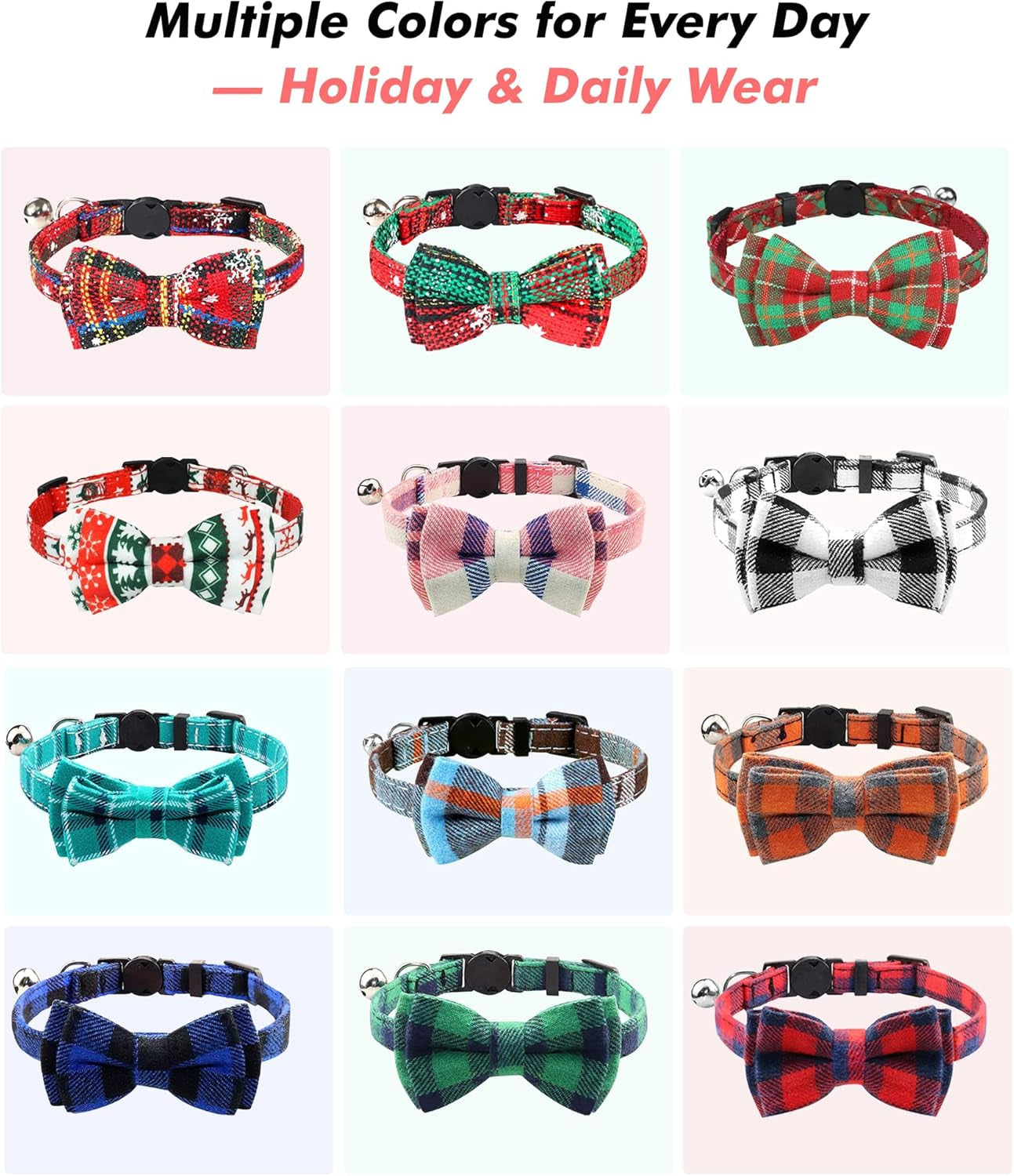 Upgraded Christmas Cat Collar with Bells, Breakaway Cat Collars with Bow Tie, 1 Pack Girl Boy Safety Plaid Kitten Collars, Christmas