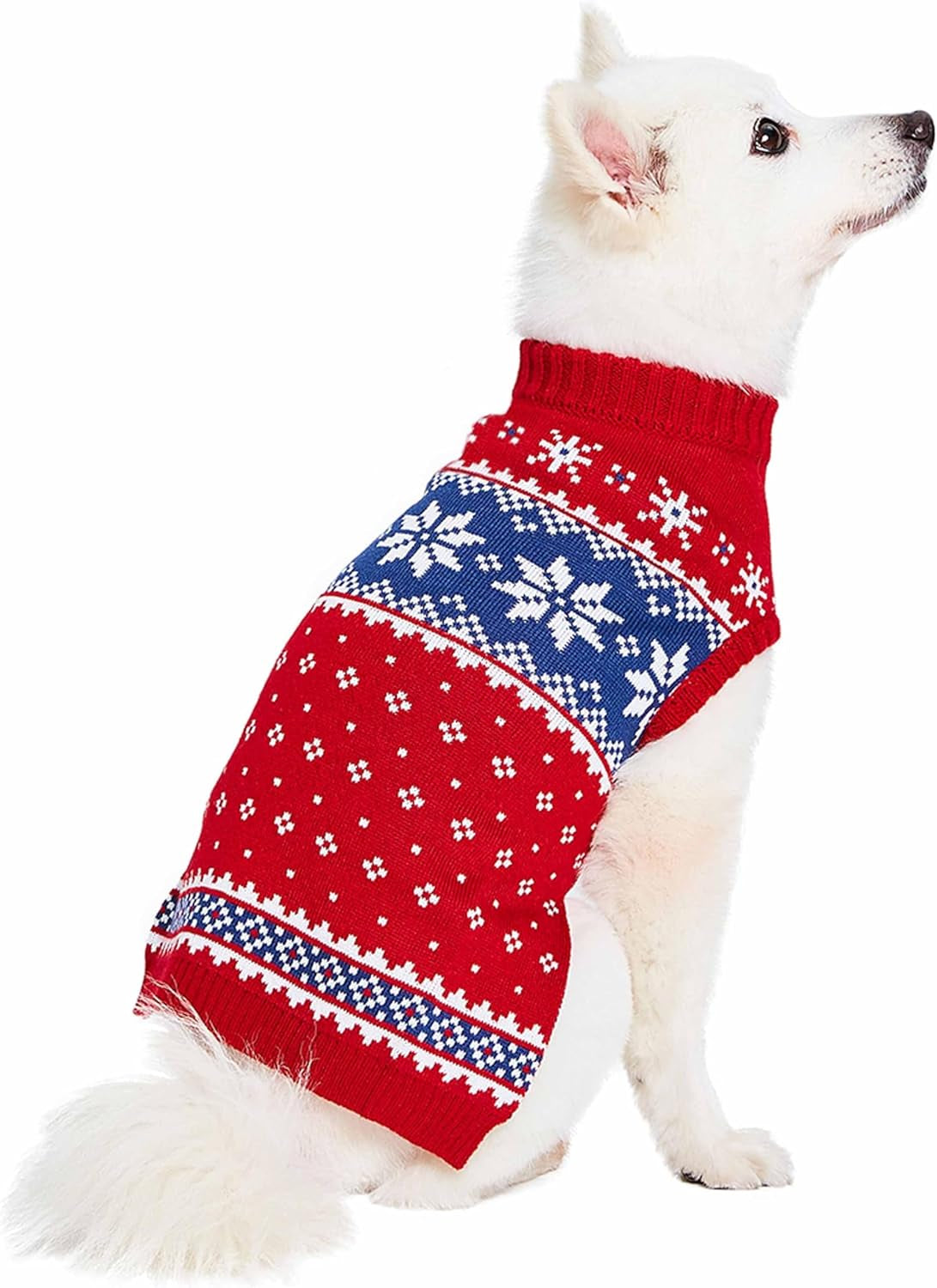 Christmas Snowflake Dog Sweater in Festive Red, Back Length 14", Pack of 1 Clothes for Dogs