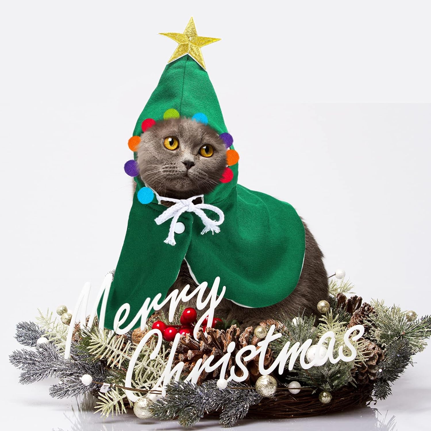 2 Pieces Christmas Cat Outfit Christmas Cat Dog Costume Christmas Pet Cape Puppy Xmas Cloak with Star and Pompoms Dog Santa Cape with Santa Hat Pet Clothes for Cats and Puppy (Medium)